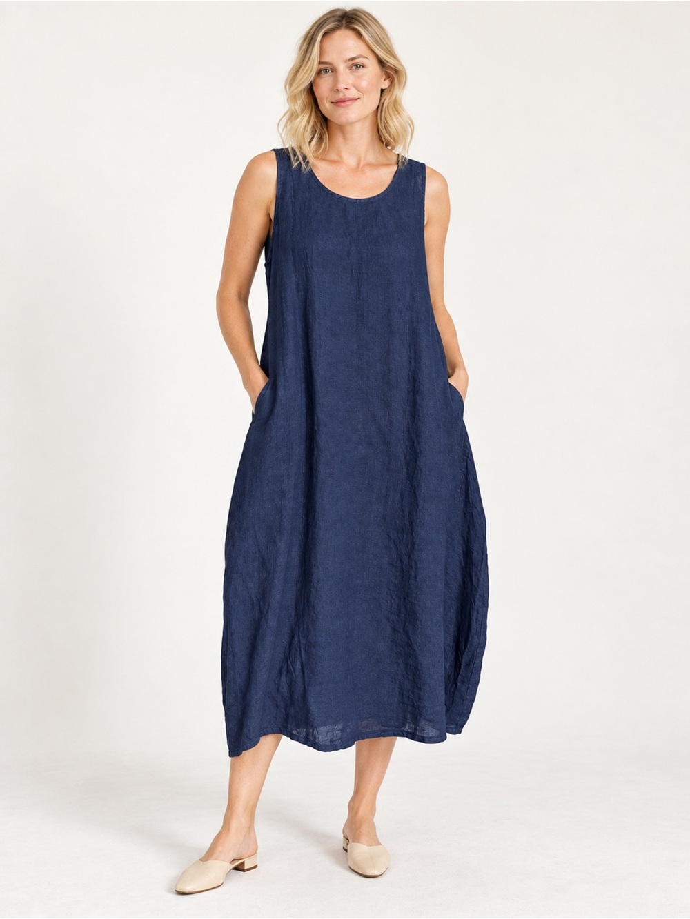 IT030 🇮🇹 Made in Italy 100% Linen Sleeveless Pocket Midi Dress